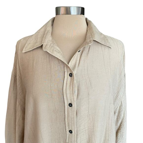 J. Roberts Tan Crinkle Popover Shirt Dress Sz Medium Minimalist Neutral Casual - Picture 5 of 11